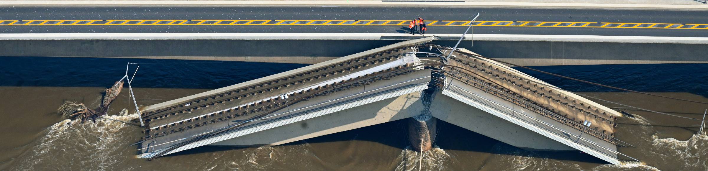 Concrete segments of the collapsed river bridge structure for crossing the Elbe 